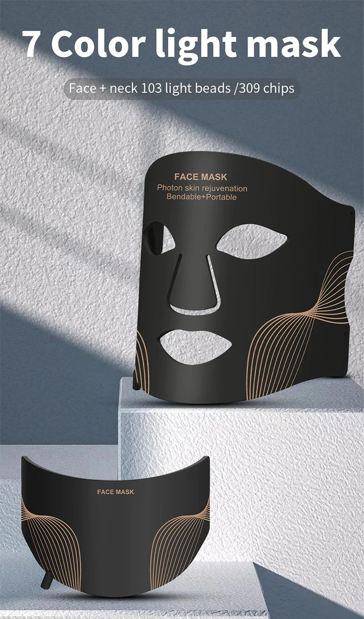 7 Color LED Face Mask with Neck Wireless Portable Red Light Therapy for Anti-Aging, Wrinkles, Skin Rejuvenation, Home Use